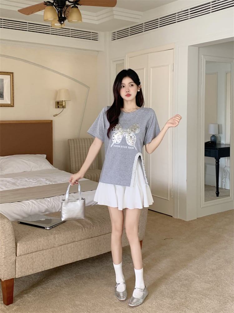 絶対欲しい キュート 超人気 ピンク プリント スパンコール 3色選択 半袖Tシャツ＜F-8570＞