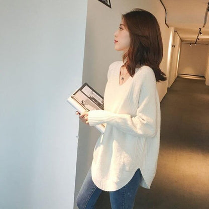 美人度アップ 長袖 Vネック 無地 ニット セーター＜F-2287＞