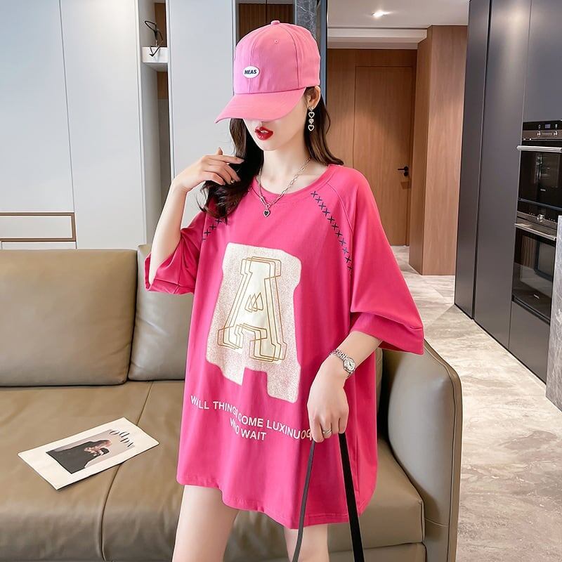 超人気商品 ロング アルファベット プリントTシャツ 三色 ゆったり半袖 ＜F-4019＞