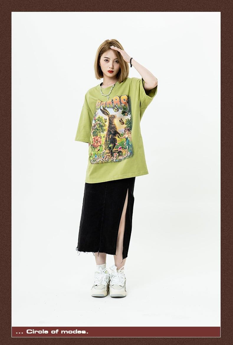 アメリカンレトロ絵画ウサギ半袖Tシャツカップル男女同スタイル<F-2910>