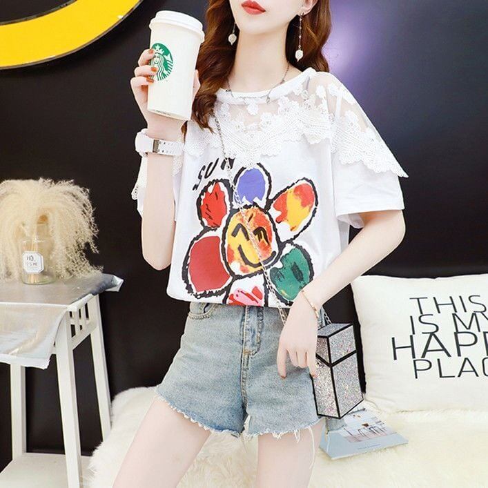大人可愛い 切り替え レース 透かし彫り プリント全2色 半袖Tシャツ カットソー ＜F-8560＞