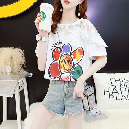 大人可愛い 切り替え レース 透かし彫り プリント全2色 半袖Tシャツ カットソー ＜F-8560＞