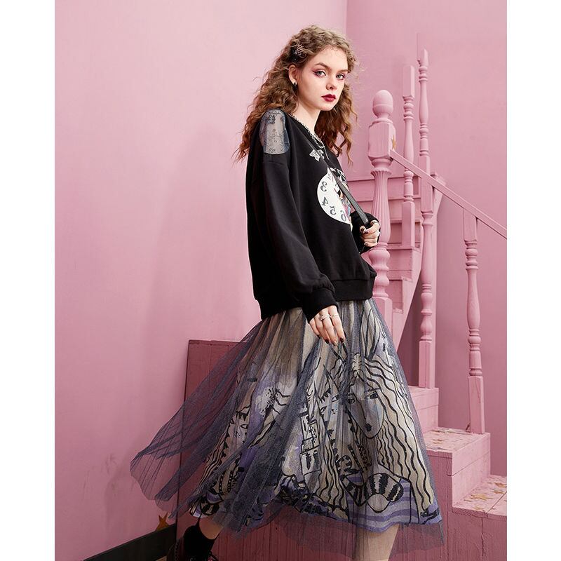ファッショングラフィックプリントブラックスウェット長袖Ｔシャツ<F-4281>