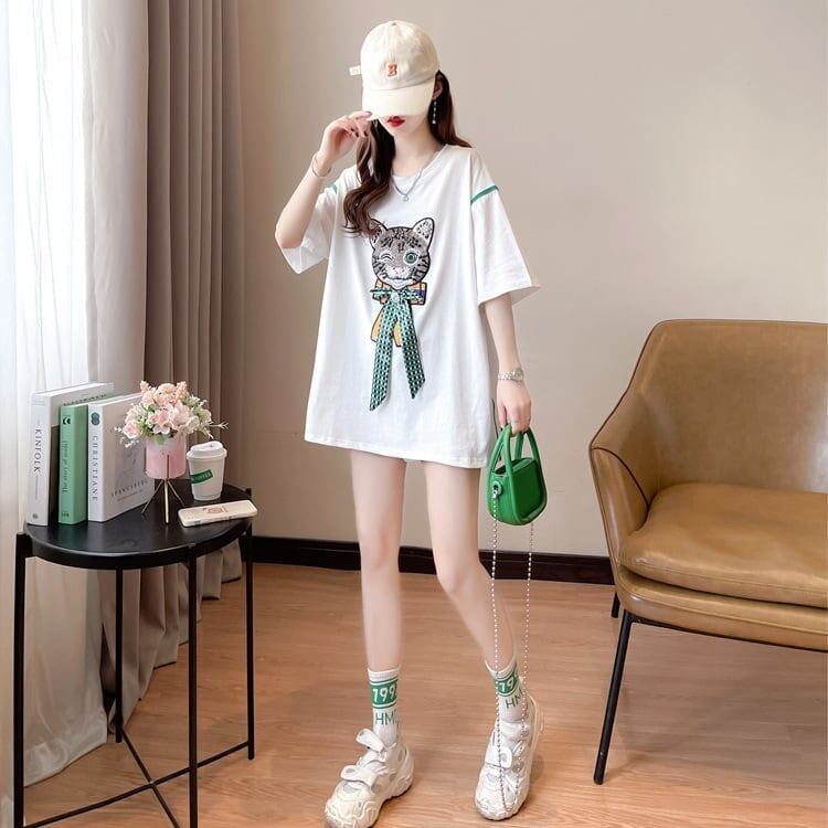 質感のいい 猫刺繍 立体のリボン ロング Tシャツ ゆったり半袖 ＜F-2919＞