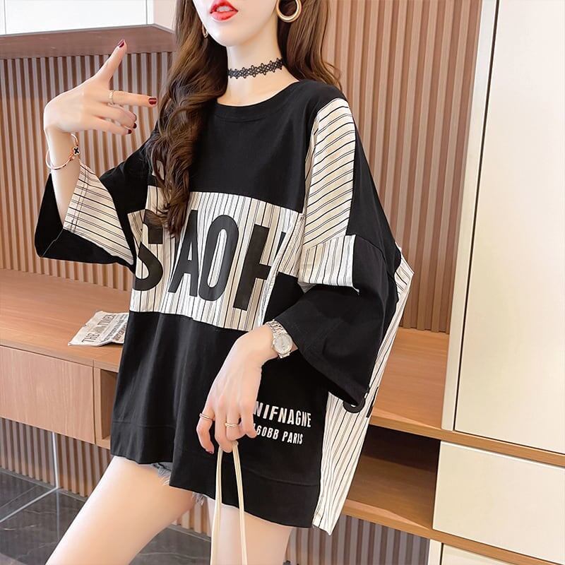 大好評   ストライプ柄 ロング Tシャツ 三色 ゆったりワンピース ＜F-4012＞