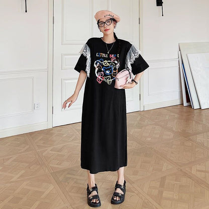 おすすめ レース ファッション 切り替え プリント Tシャツ カットソー ワンピース＜F-8535＞