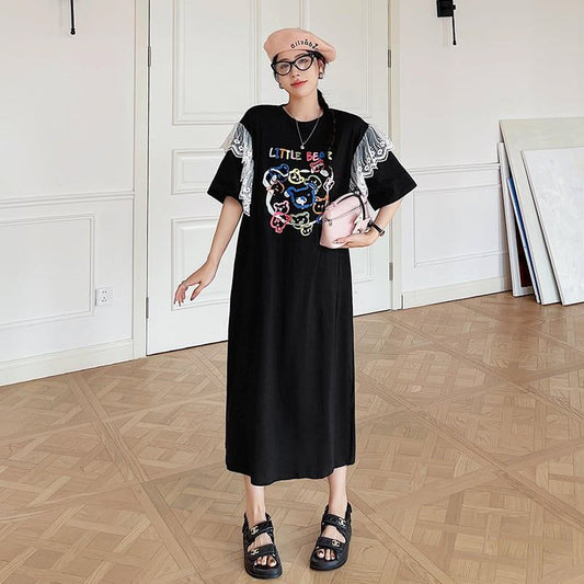 おすすめ レース ファッション 切り替え プリント Tシャツ カットソー ワンピース＜F-8535＞