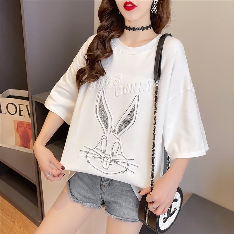 美人度アップ   ビジュー Tシャツ 三色 ゆったり半袖＜F-2945＞