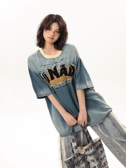 話題沸騰中 絶対流行 売れ筋 早い者勝ち カジュアル デニム 2色選択 Tシャツ<F-11179>