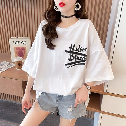 デザイン個性ゆったりミドル丈半袖TシャツF-3036