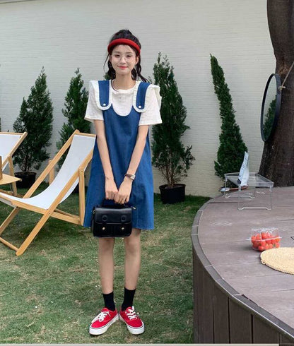 美人度アップ デニム 大人可愛い 全2色 半袖Tシャツ+サスペンダースカート セットF-8782