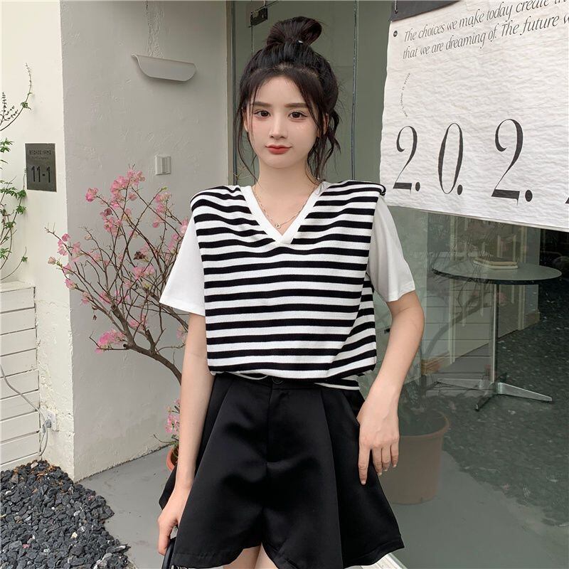 上質 レイヤード風 好感度UP ストライプ柄 リボン ニット 全2色 半袖Tシャツ＜ F-9211＞