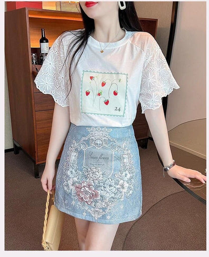 大好評 レース 上質 刺繍 切り替え 全2色 半袖Tシャツ＜F-8869＞