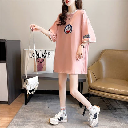 韓国系 ドロップショルダー 刺? レイヤードTシャツ ゆったり半袖 ＜F-3053＞