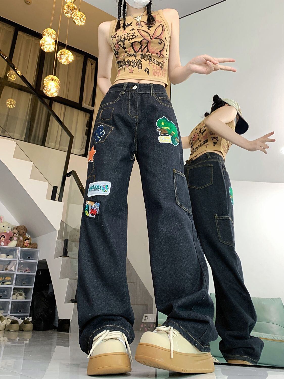 ファッション感満々 着回し力抜群 個性的なデザイン デニム ワイドパンツ＜F-9769＞