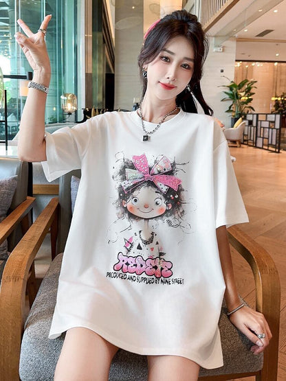 好感度UP ピンク カジュアル プリント スパンコール プリント ゆったり 半袖 Tシャツ＜F-8705＞