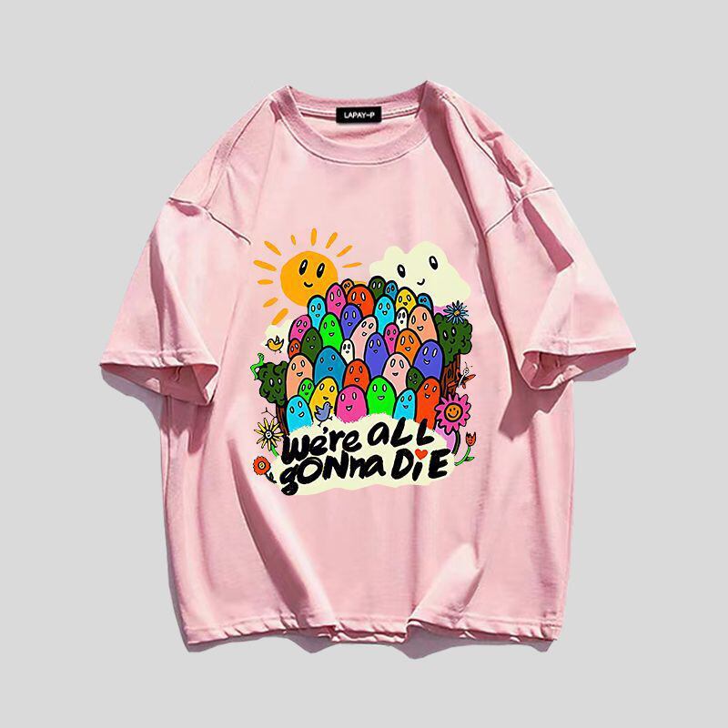 スタイルアップ効果抜群 キュート カジュアル ルーズ プリント全6色 半袖TシャツF-8970