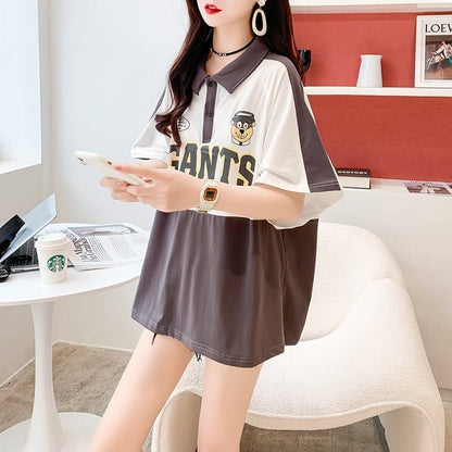 ファッションカジュアルネットレッドルーズポロカラー半袖Tシャツ<F-2856>