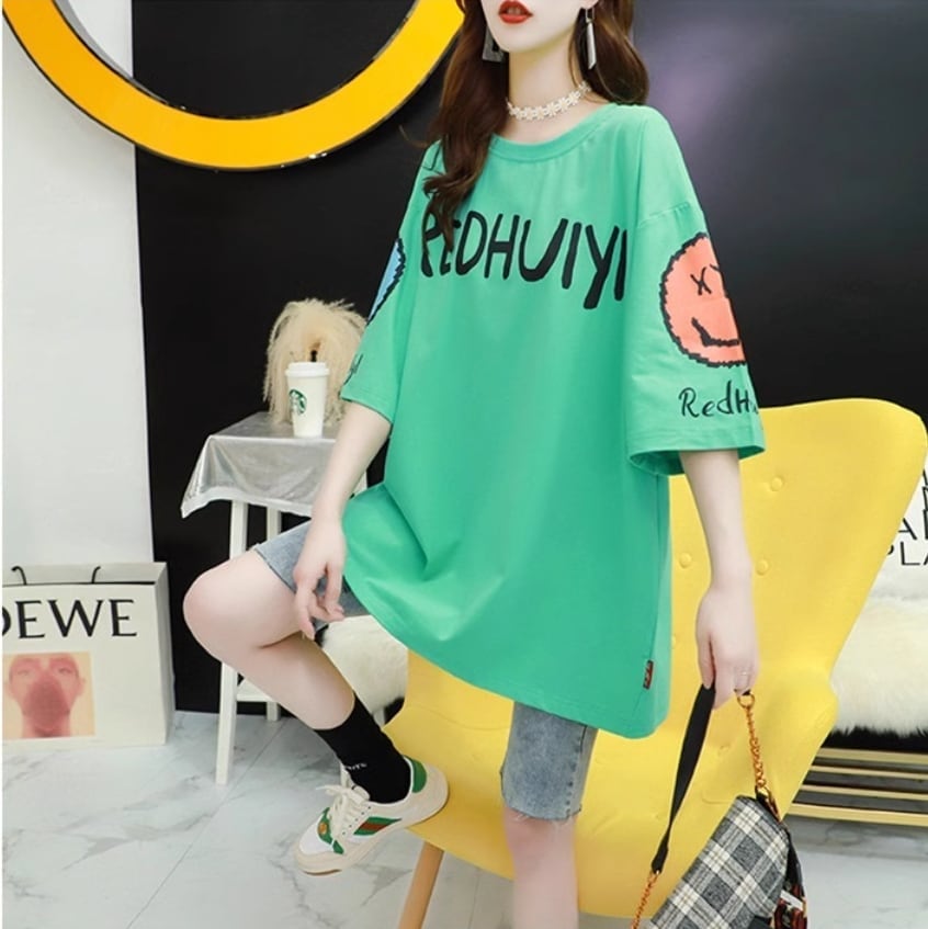 着回し力抜群   ゆったりロング丈切り替え三色半袖Tシャツ＜F-8121＞