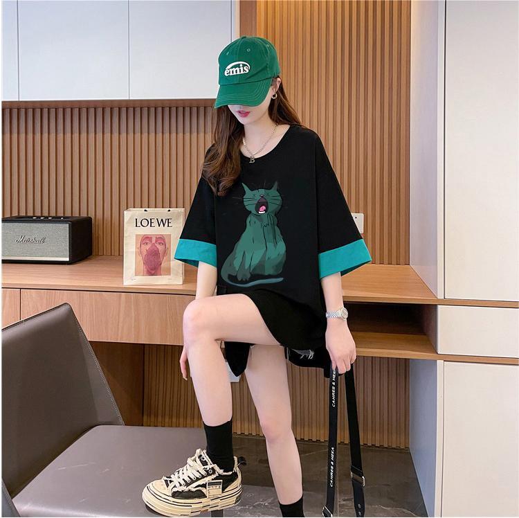 ユニークなデザイン気質のカラーブロック半袖Tシャツ<F-2900>