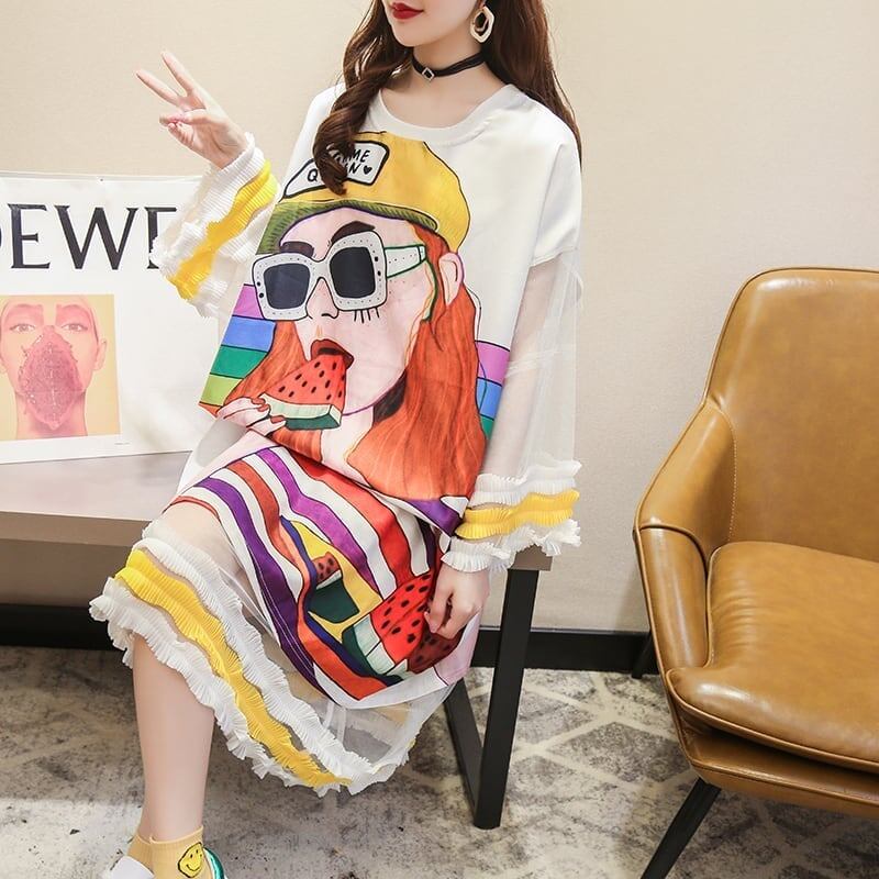 【ランキング上位】プリント   お洒落 ロングTシャツワンピース ＜F-887＞