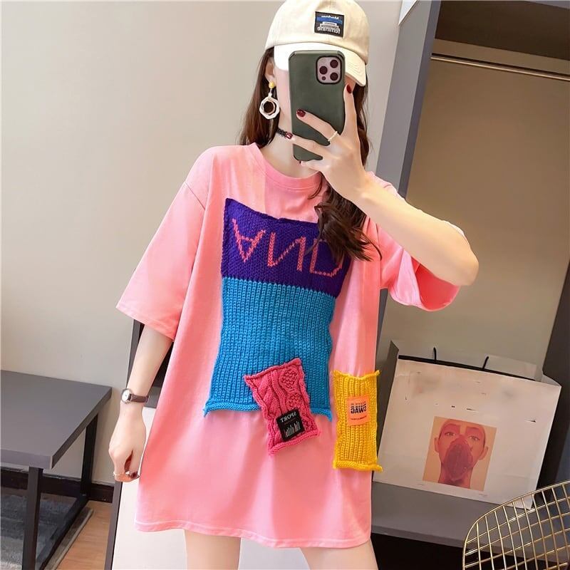 【半額！期間限定！！】ゆったりロング丈切り替え三色半袖Tシャツ＜F-1565＞