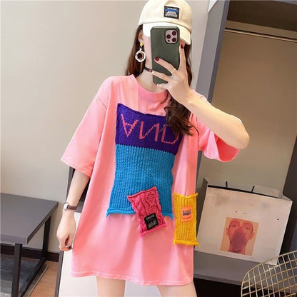 【半額！期間限定！！】ゆったりロング丈切り替え三色半袖Tシャツ＜F-1565＞