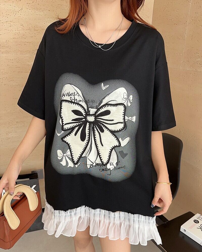 今季マストバイ プリントゆったり 切り替え 半袖Tシャツ 全4色＜F-8256＞