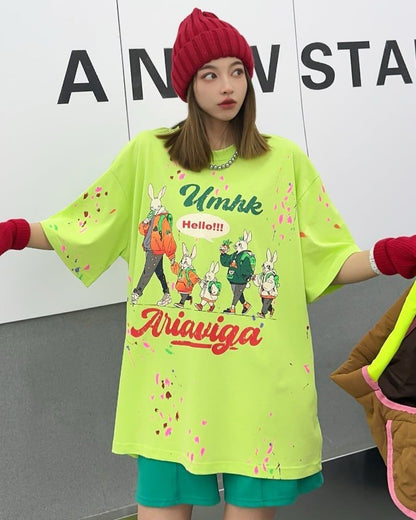 早い者勝ち   ファッション 落書き風 プリント半袖Tシャツ 全3色<F-4913>