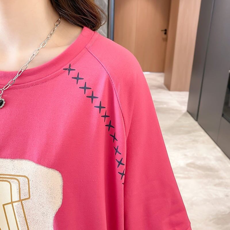 超人気商品 ロング アルファベット プリントTシャツ 三色 ゆったり半袖 ＜F-4019＞