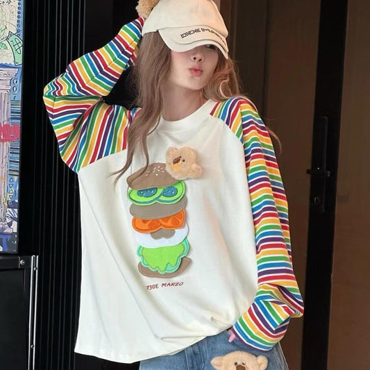 都市ファッショ デザイン オシャレ 大人可愛い 着心地良い プリント ストライプ柄 半袖TシャツF-9332