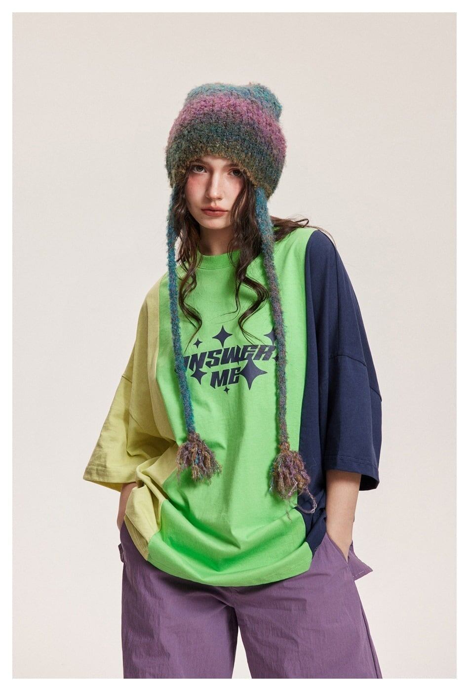 タイドブランドデザインセンス配色レトロプリントコットンTシャツ<F-2899>