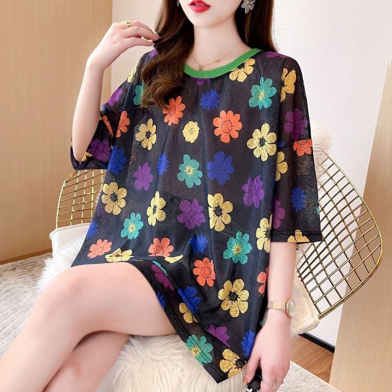 大人可愛い 半袖 紫外線対策 ラウンドネック ルーズ Tシャツ ＜F-8642＞