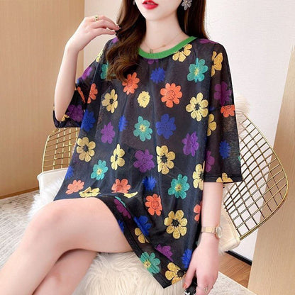 大人可愛い 半袖 紫外線対策 ラウンドネック ルーズ Tシャツ ＜F-8642＞