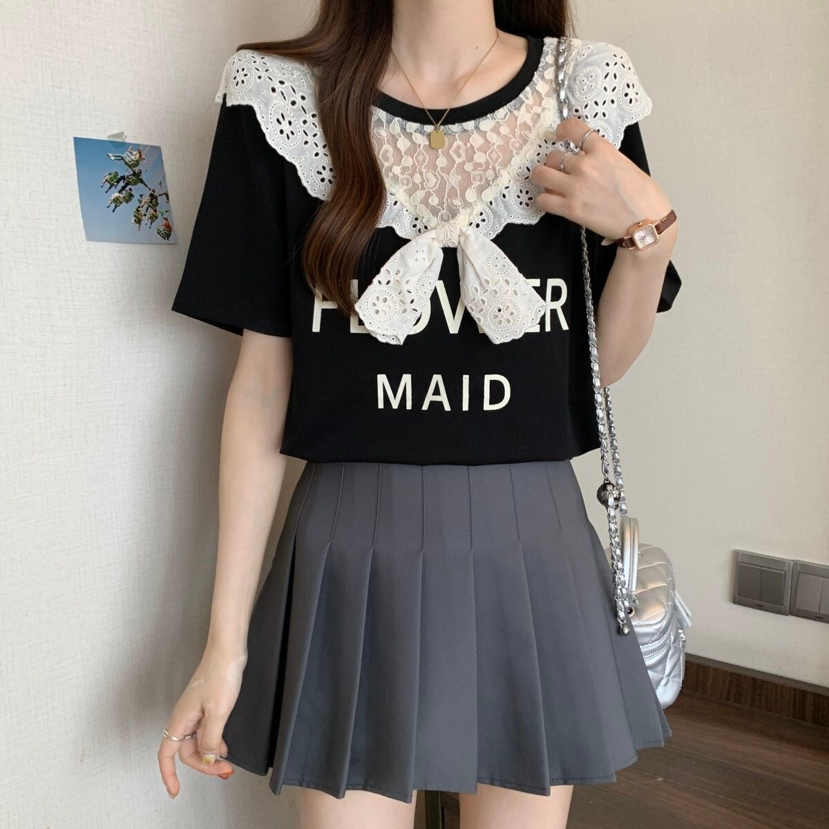超人気 レース スウィート 切り替え プリント 3色選択 半袖Tシャツ＜F-8825＞