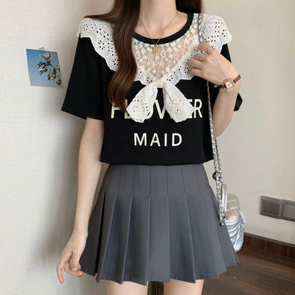 超人気 レース スウィート 切り替え プリント 3色選択 半袖Tシャツ＜F-8825＞