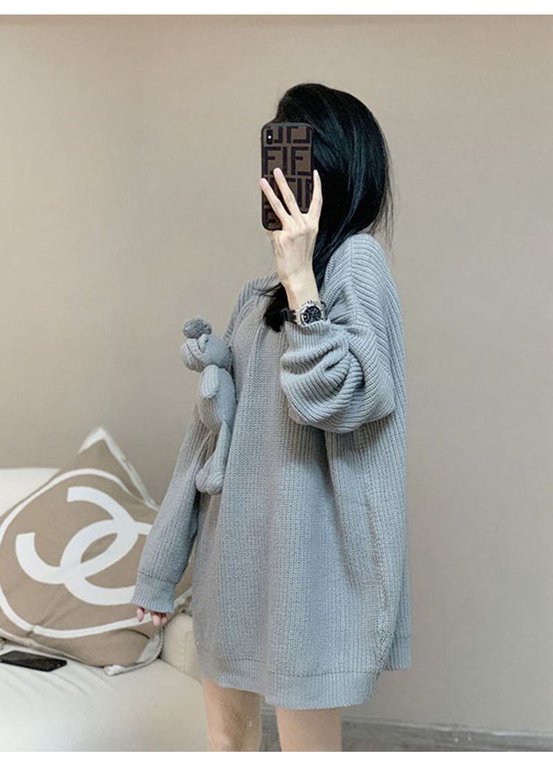 気質満点ぬいぐるみ付きグレーゆったりニットセーター＜F-4659＞