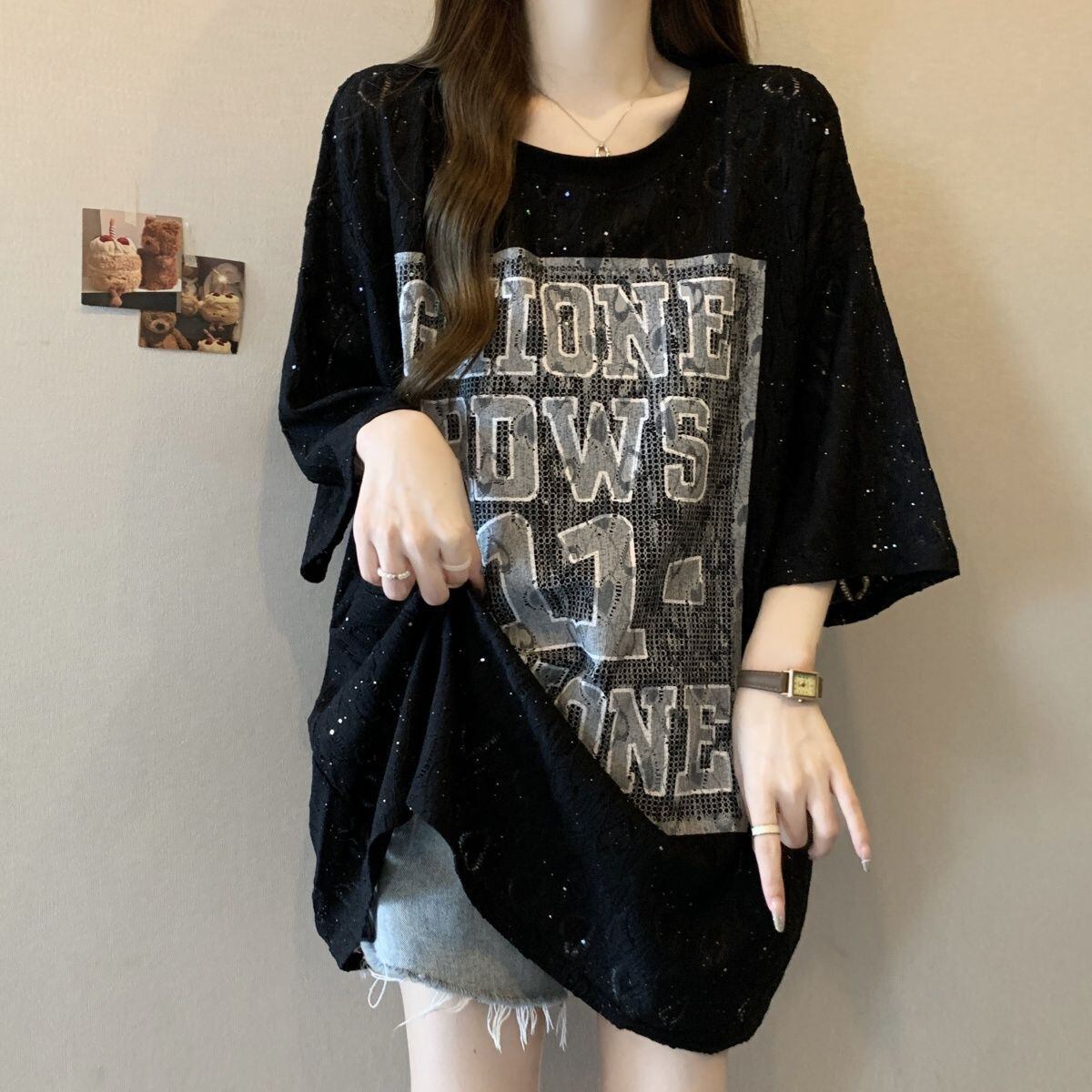 超人気 アバンギャルド 絶対流行 レース プリント全2色 半袖TシャツF-8798