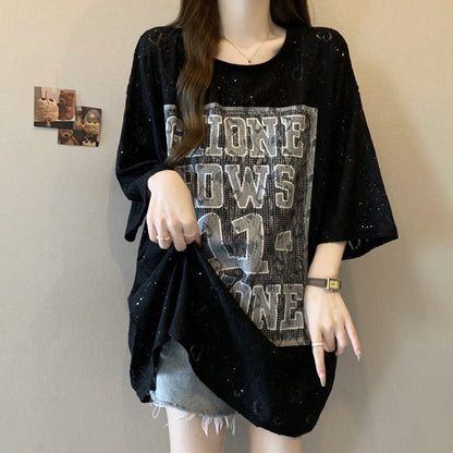 超人気 アバンギャルド 絶対流行 レース プリント全2色 半袖TシャツF-8798