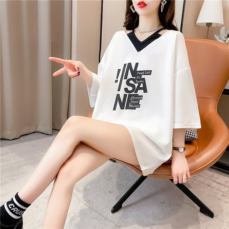 売れ筋 アルファベット Vネック フェイクレイヤード ゆったり 着?せ 半袖 Tシャツ ＜F-2005＞