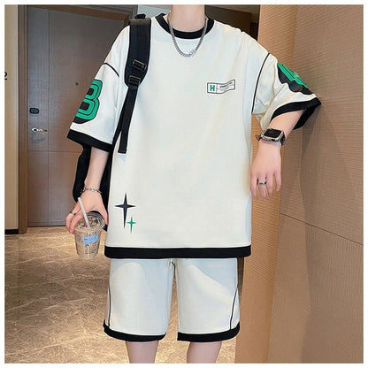 早い者勝ち カジュアル ファッション 切り替え 全3色 半袖ＴシャツⅹパンツセットF-8950