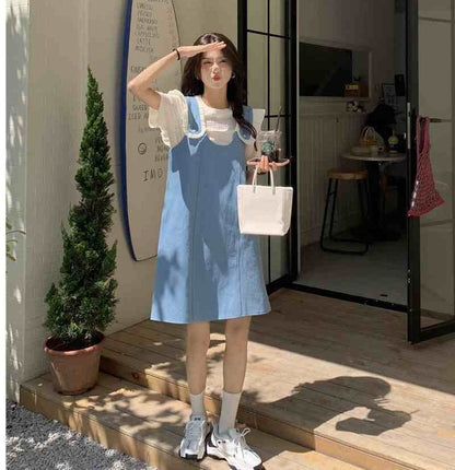 美人度アップ デニム 大人可愛い 全2色 半袖Tシャツ+サスペンダースカート セットF-8782