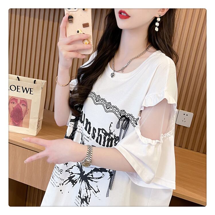 話題沸騰中 切り替え スウィートプリント 全2色 半袖Tシャツ ＜F-8652＞