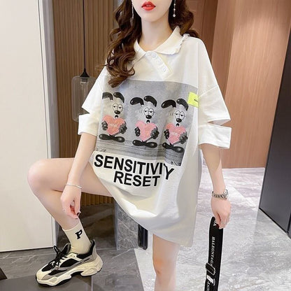 夏新作 アルファベットプリント POLOネック ロング Tシャツ ゆったりワンピース ＜F-3038＞