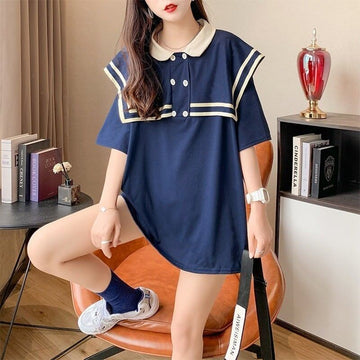 絶対欲しい ロング セーラーカラー Tシャツ 三色 ゆったりワンピース＜F-4028＞