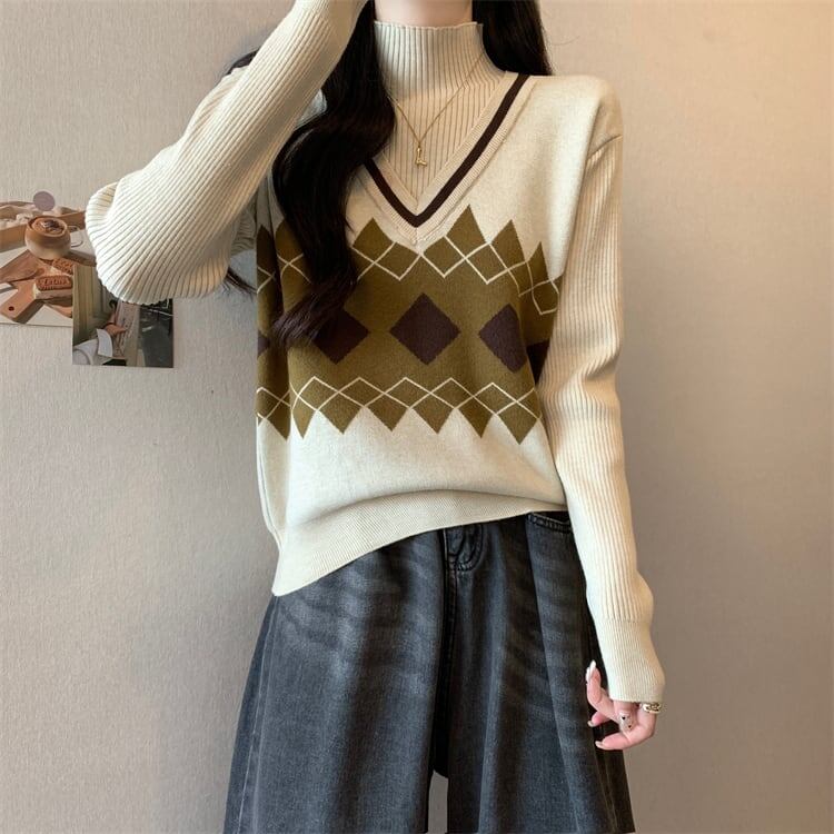 人気上昇中 レイヤード風 おしゃれ度高め 全2色 ニットトップスF-9583