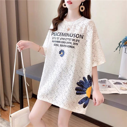 優しい雰囲気 透かし彫り 花柄 プリント ロング Tシャツ ゆったりワンピース ＜isf-3033＞
