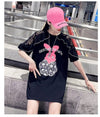 レースステッチアイスシルクニットルーズラビットプリント半袖Tシャツ<F-5038>