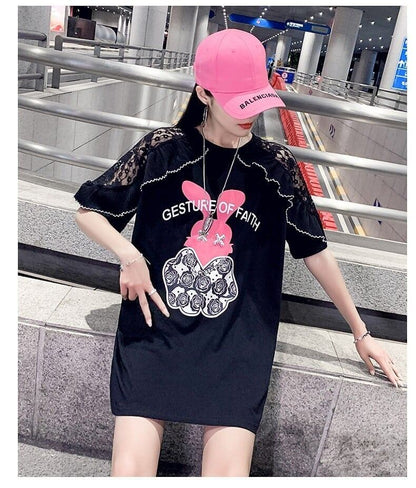 レースステッチアイスシルクニットルーズラビットプリント半袖Tシャツ<F-5038>