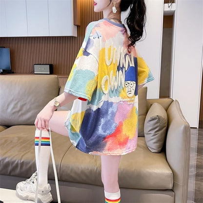 売り切れ必至 絞り染め ファッション プリント 2色選択 半袖Tシャツ＜F-8573＞